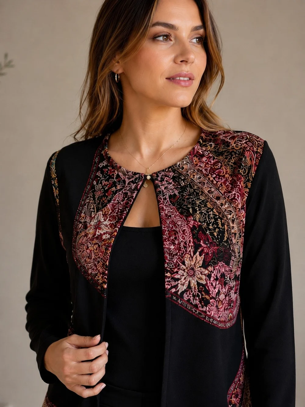 MSK Black Jacket with Burgundy and Pink Floral Panels